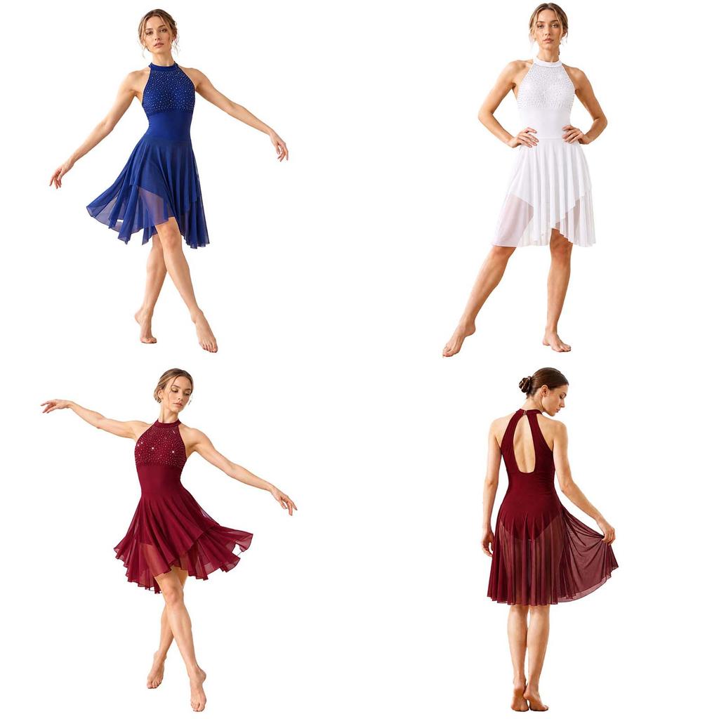 Shiny Rhinestone Lyrical Dance Dress Women Halter Sleeveless Keyhole Back Asymmetrical Mesh Built-in Briefs Figure Skating Performance