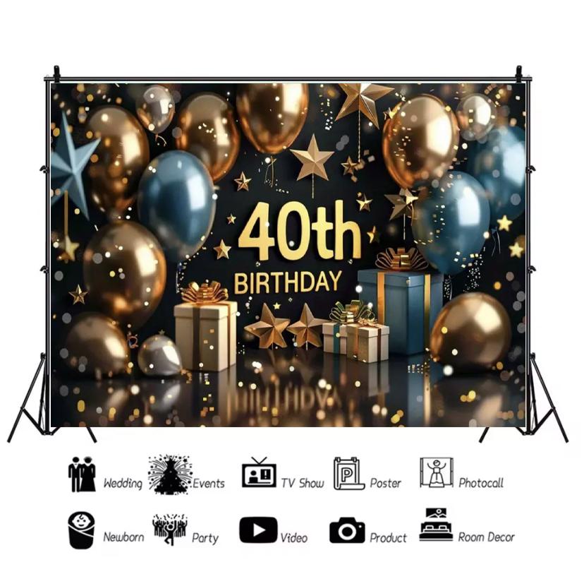 40th birthday party decorations, backdrop, black and gold theme, balloon banner, photo studio props48