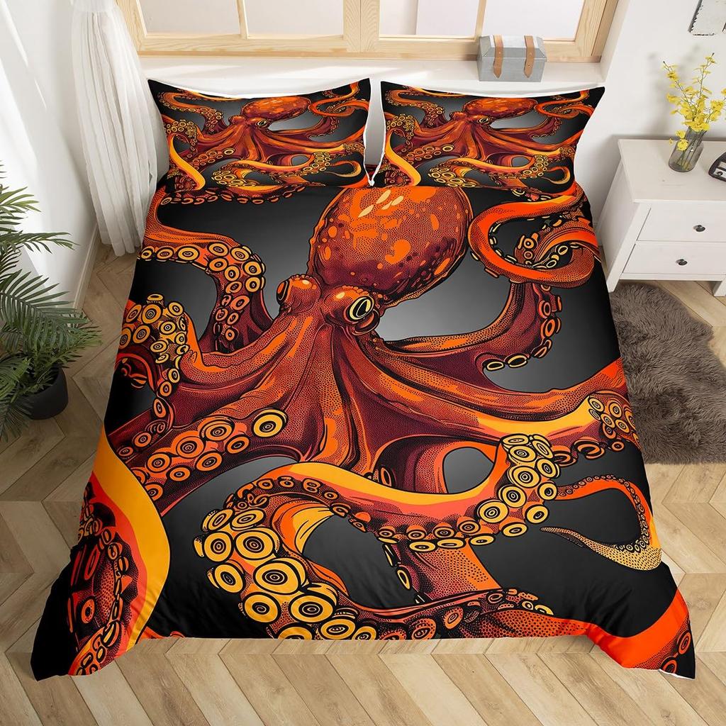 Octopus Duvet Cover Set Blue Octopus Undersea Animals Comforter Cover Kids Teens Boys Room Decor Polyester Bedding Duvet Covers