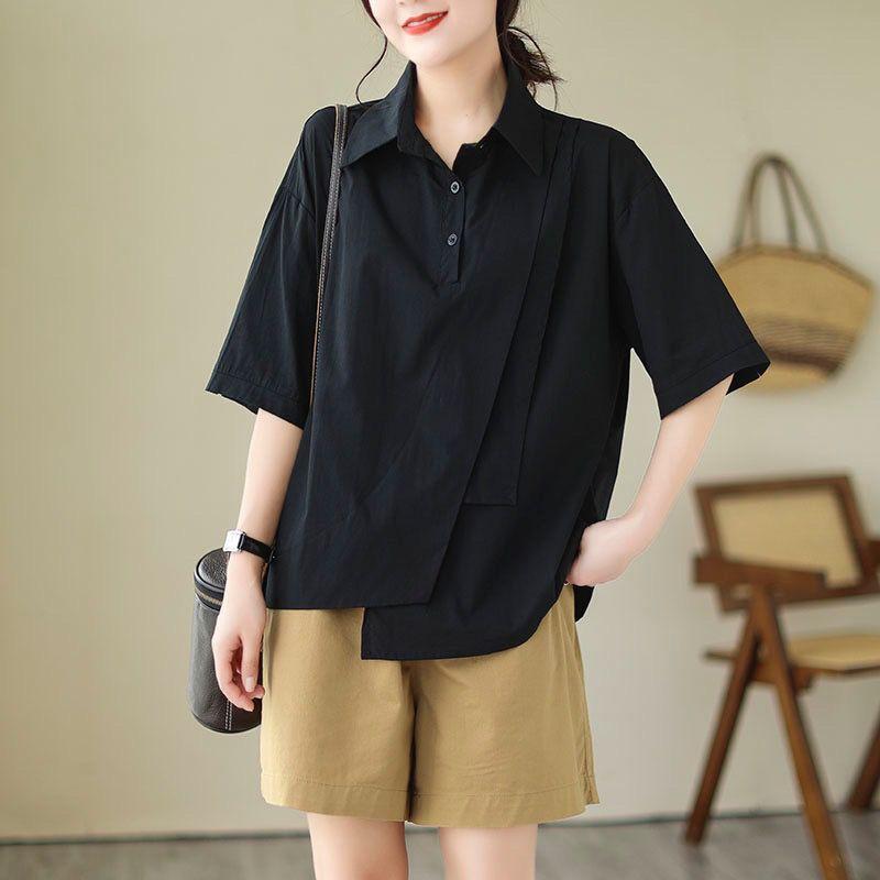 Летняя ретро-сорочка с короткими рукавами, нестандартная тонкая рубашка свободного покроя, однотонная, свободного покроя, для женщин