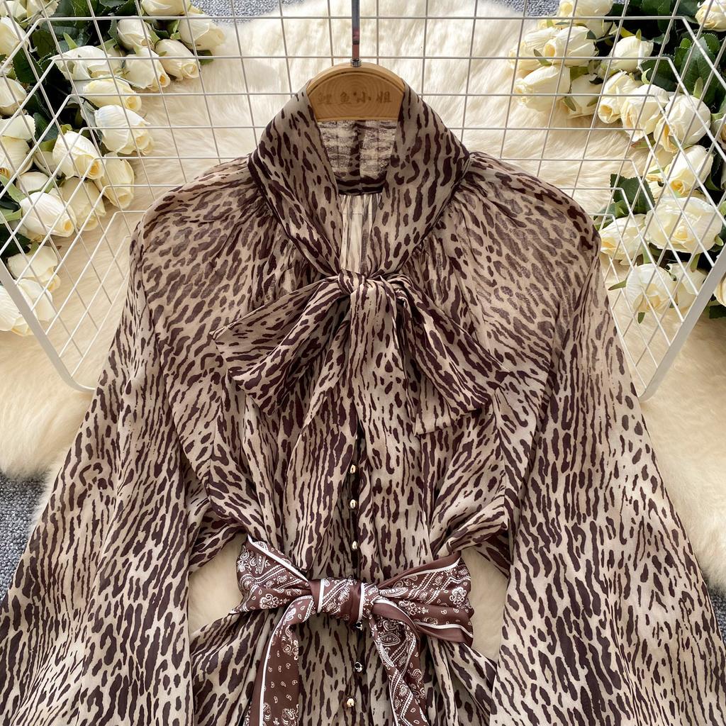 Women's Dress Funky Scarf Tie Waisted Lantern Sleeve Leopard Mesh A-Line Short Dresses