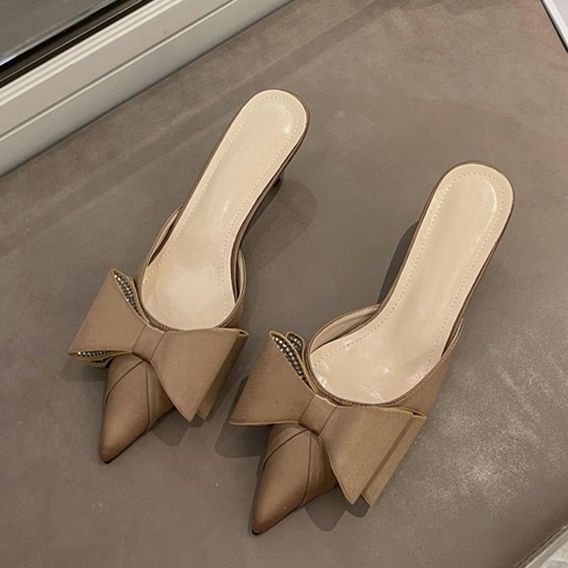 Liyke Новые модные розовые туфли-лодочки со стразами и бабочкой, женские туфли-лодочки, тапочки, сандалии с острым носком, на низком тонком каблуке, женские туфли-мюли