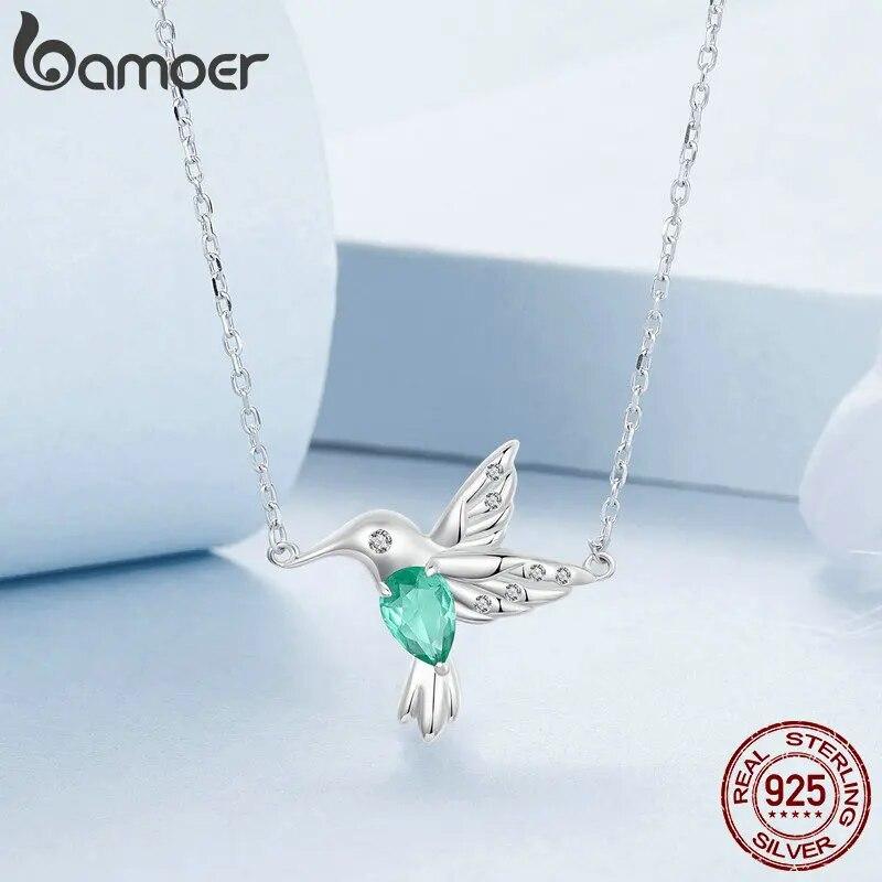 Bamoer 925 Sterling Silver White Gold Plated Hummingbird Necklace Bird Pendant Neck Chain for Women Party Fine Jewelry Gift
