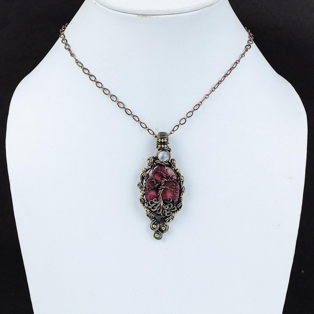 Древо Жизни Подвеска с Родонитом Медная Проволока Обернутые Ювелирные Изделия Подвеска Ручной Работы Радуга Лунный Камень Подвеска Из Драгоценного Камня Медная Подвеска Подарок Для Нее