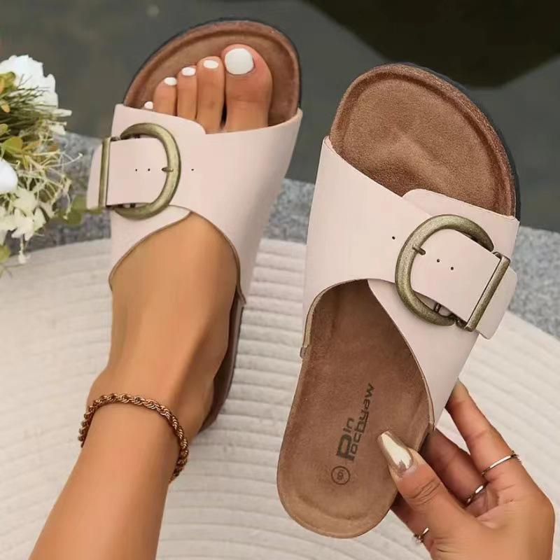 Fashion Kidmi 2025 Women Slippers Cork Sole Fashion Women Single Buckle Flip Flops Open Toe Beach Sandals Leisure Fashion House Slippers
