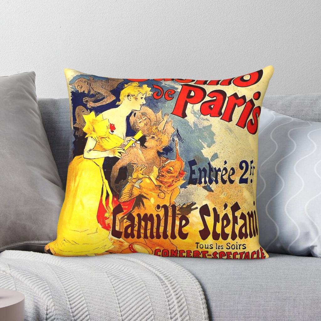French Casino De Paris Jules Cheret Square Pillowcase Polyester Linen Velvet Pattern Zip Decor Car Cushion Cover