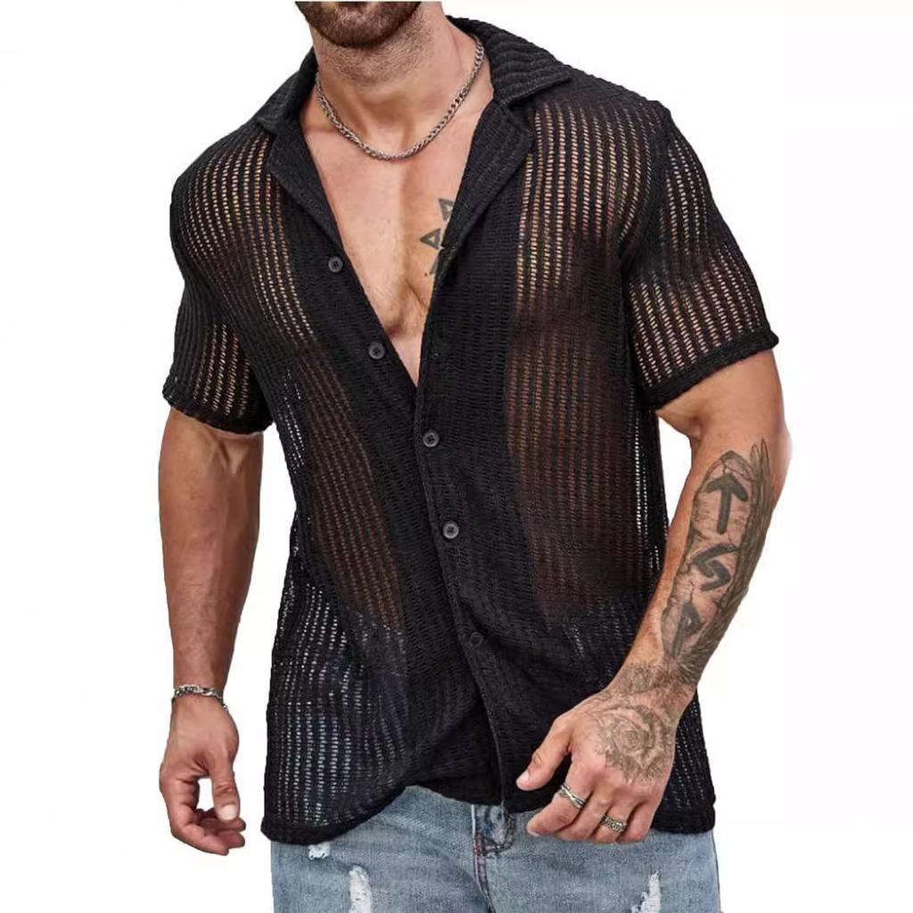 European And American Men'S Summer Cool Shirt Men'S Casual Knitted Sweater Hollow Breathable Short Sleeve Lapel Fashion Men'S Clothing