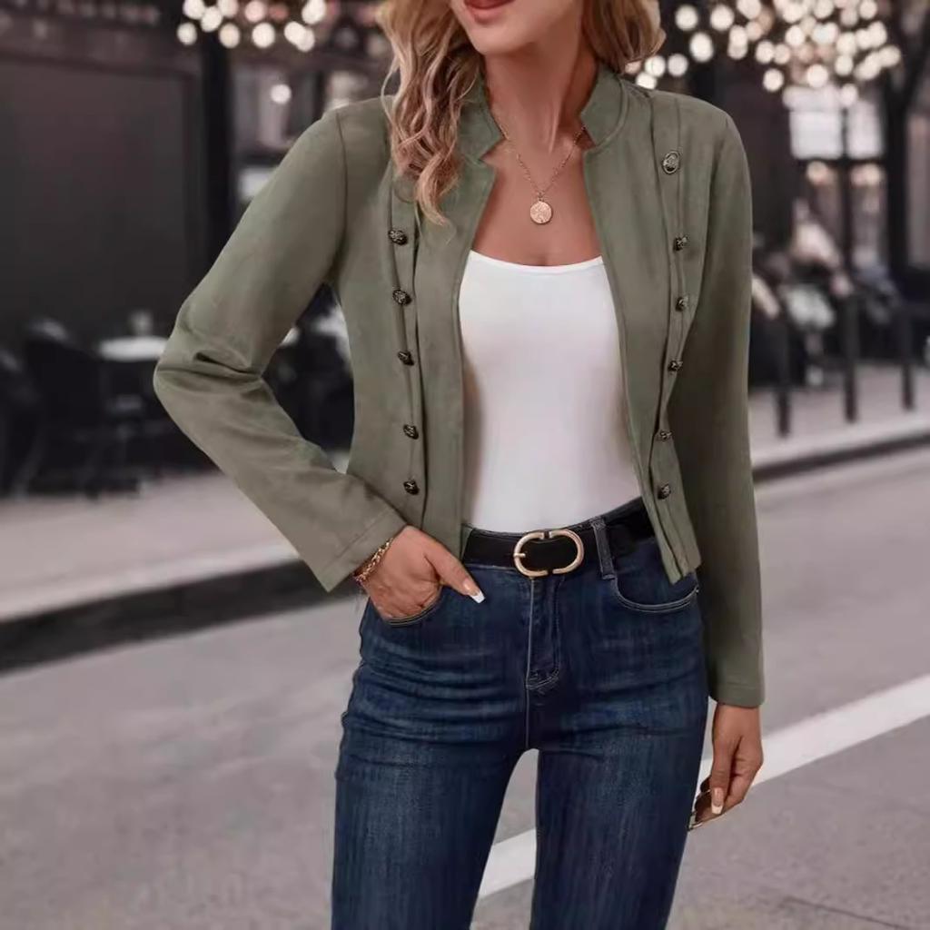 Осенняя женская однотонная двубортная декоративная куртка из оленьей кожи с длинными рукавами в винтажном стиле