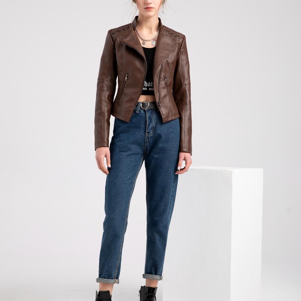 GMXIA Women's Solid Color Print Spring and Autumn Female Leather Dress Female Short Jacket Slim Slim Long Sleeve POLO Neck Jackets & Coats