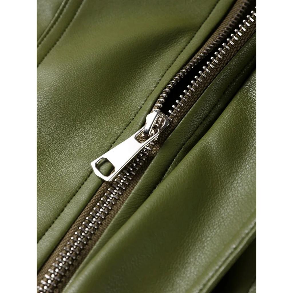 Оливково-зеленая кожаная куртка, пальто, силуэт, винтажный, уличный тренд, молния, лацкан, короткое пальто, свободный повседневный топ, верхняя одежда, осень