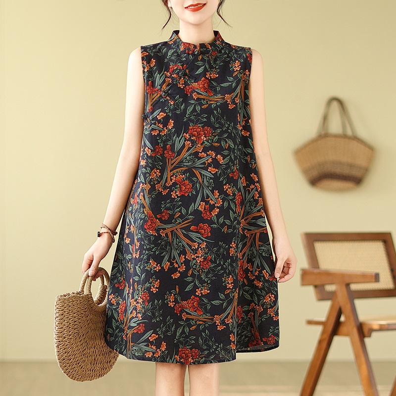 Ретро Модифицированная юбка-чеонгсам с дисковыми пуговицами Свободное утягивающее платье без рукавов с принтом