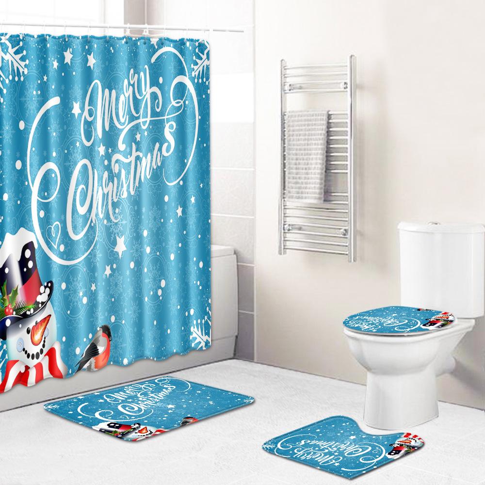 Christmas Shower Curtain Floor Mat Combination Four-Piece Set Bathroom Toilet Carpet Shower Room Mat Foot Mat