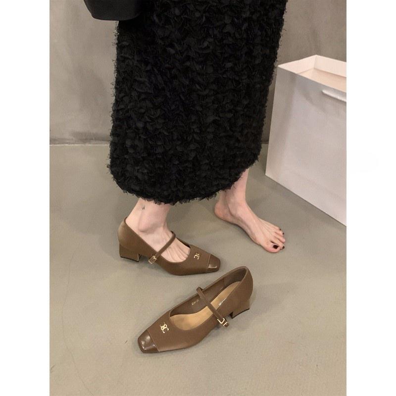 French medium high heel black Mary Jane single shoes women's shoes 2024 new spring, autumn and winter square head temperament evening shoes