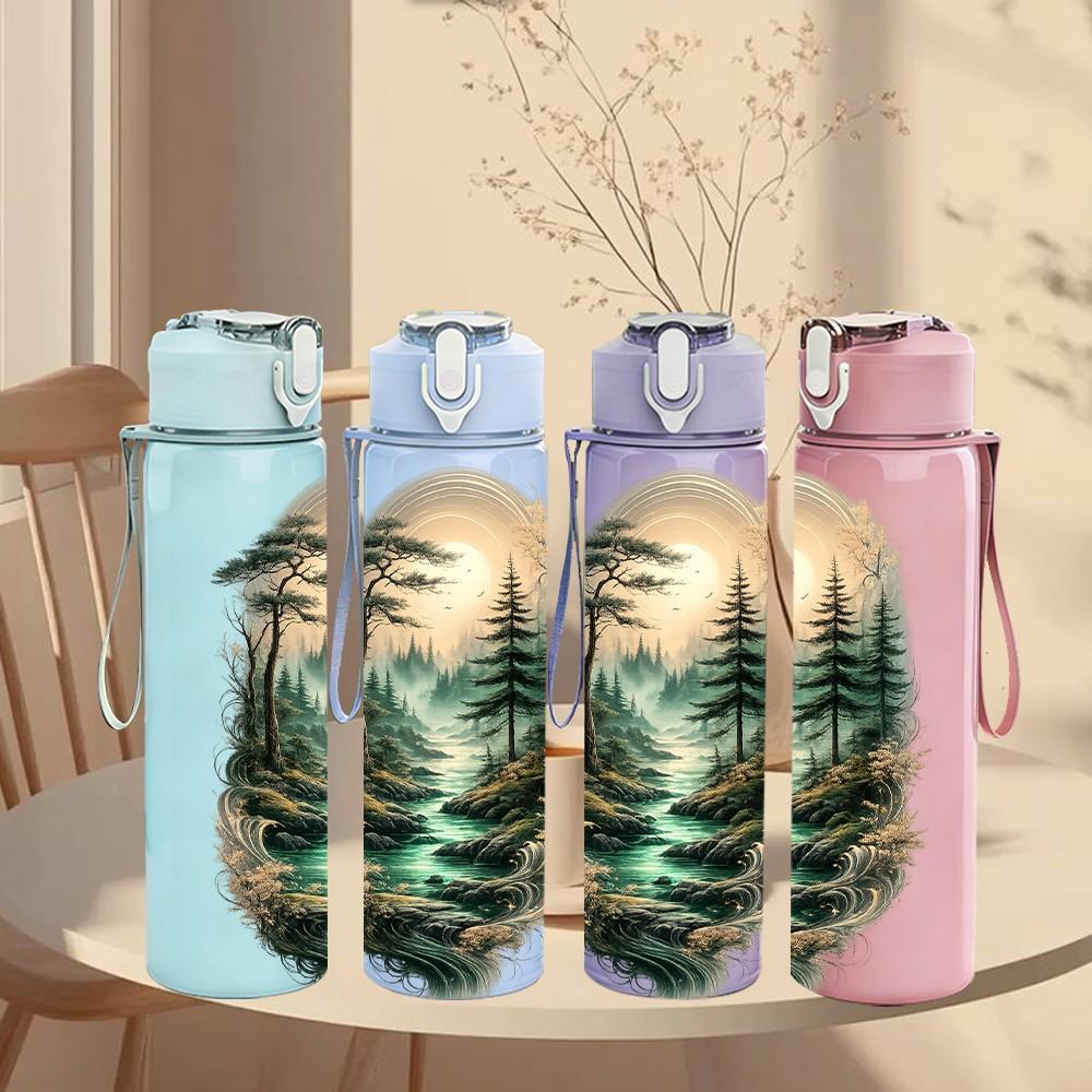 1PC Twisted Pine Tree Art 750ml Color Plastic Sports Water Bottle Leakproof Flip Straw Lid Suitable for Sports Office Home Use