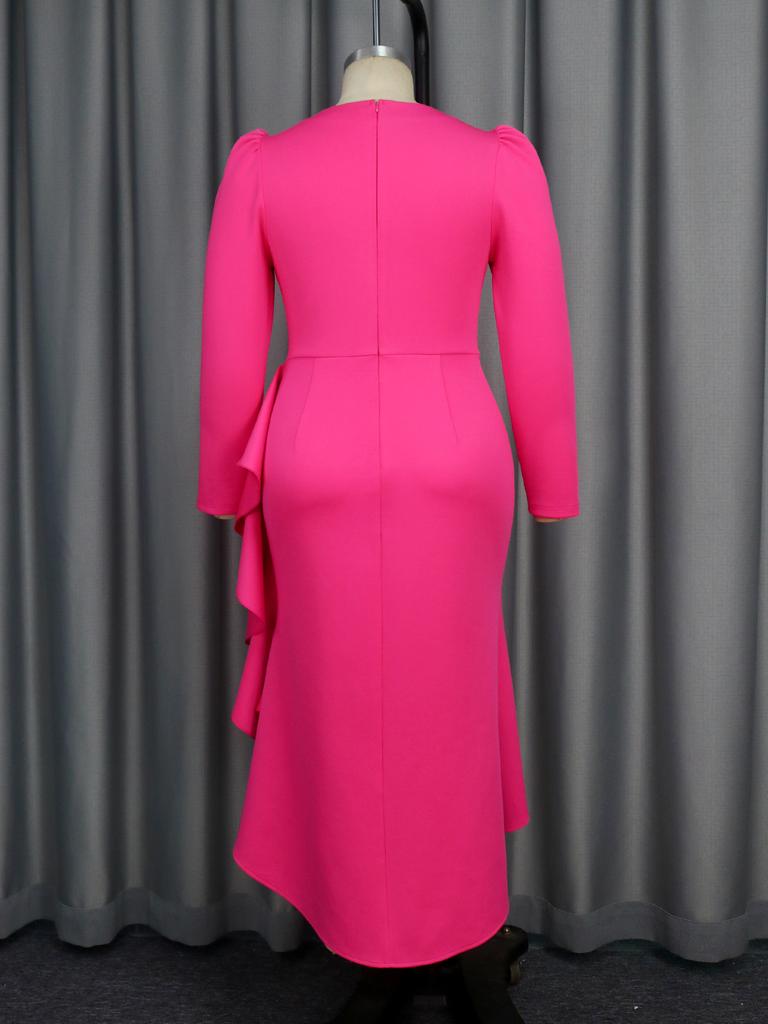 AOMEI Fuchsia V Neck Hem Flounced Dresses Long Sleeve High Waist Irregular Women Party Midi Gowns
