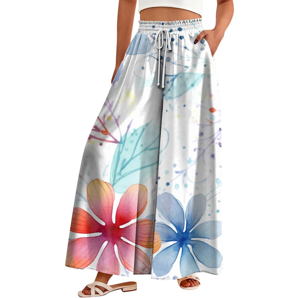 Женские широкие брюки с высокой талией, летние повседневные струящиеся брюки-палаццо, пляжные брюки с цветочным принтом и карманом