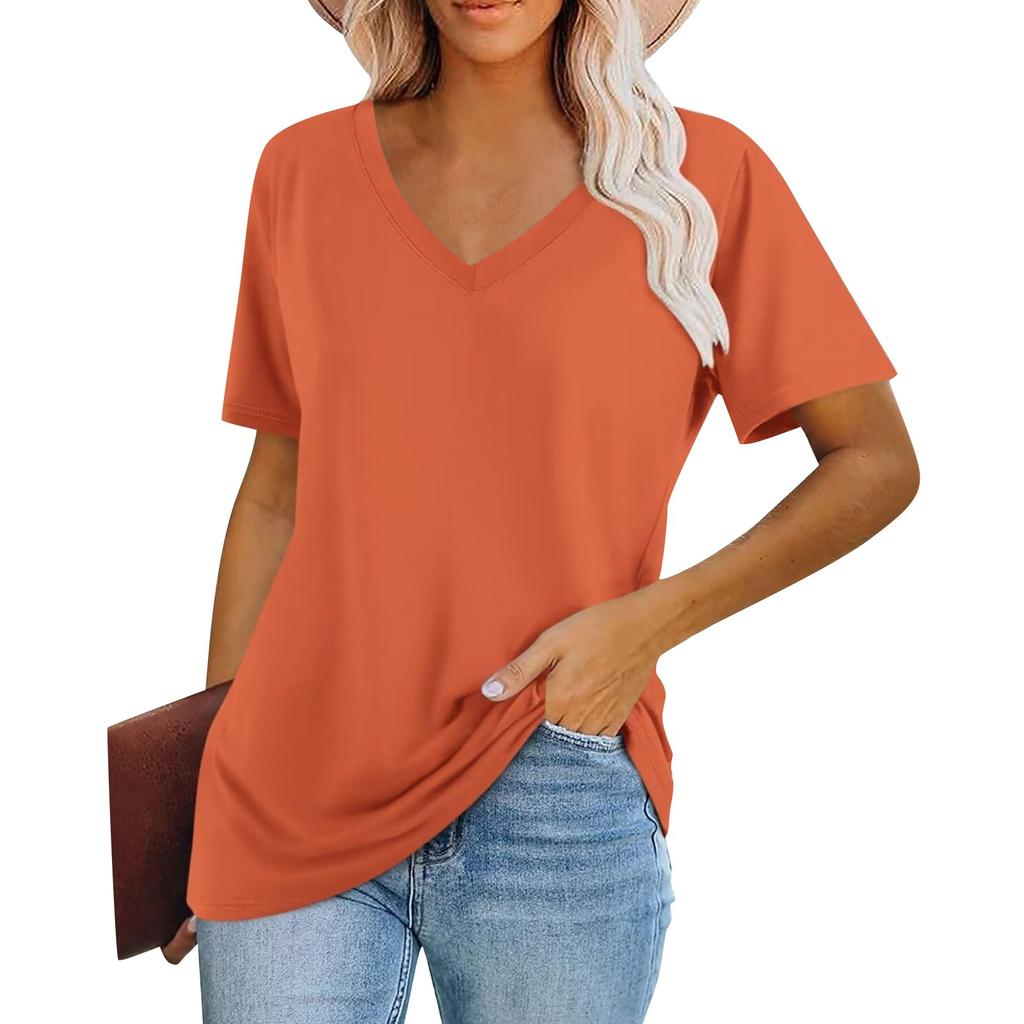 Women's Fashion V-Neck Classic Loose Solid Color Casual Short Sleeve T-Shirt