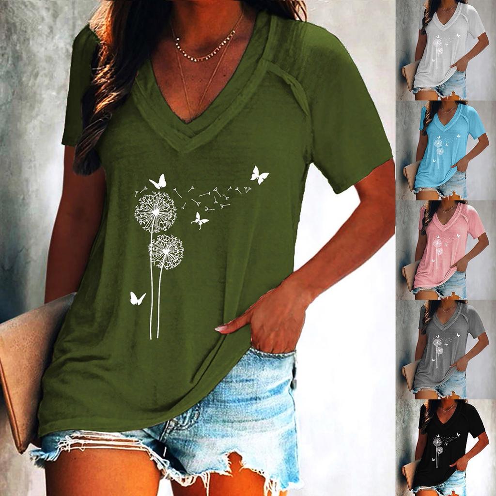 Women's Fashion V-neck Print Pullover Casual Short-sleeved T-shirt