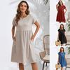 Fashion Summer Round Neck A-line Loose Dress Women Elegant Slim Fit Pockets Temperament Casual Dresses Woman Simple Vintage Slim Female Dress