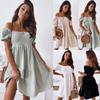 Spring Summer Women's Casual Off-Shoulder Dress with Ruching, Bubble Sleeves, Midi-Length, Stretchy, Elegant Ruffles