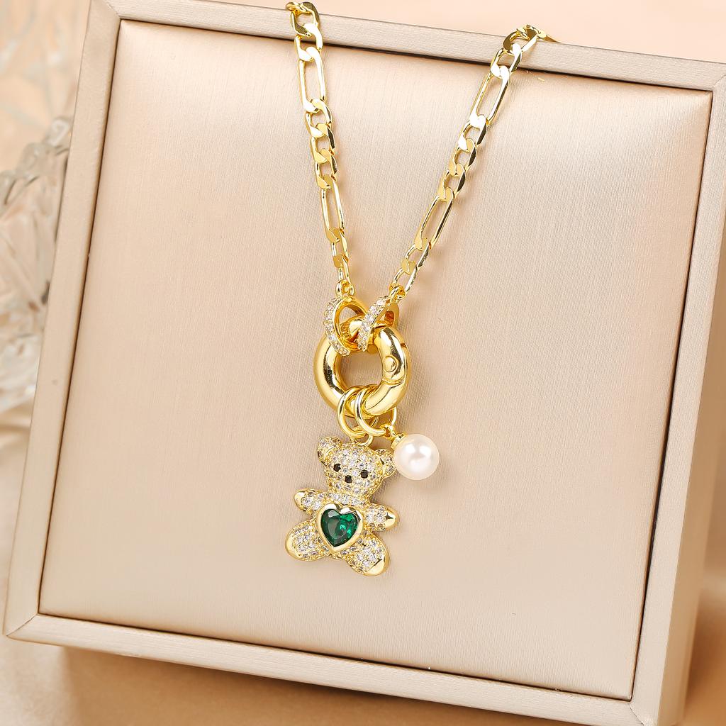 Sparkling Crystal Zirconia Animal Cute Bear Pendant Necklace Classic for Woman Girl Holiday Clavicle Chain Jewelry Casual Gifts