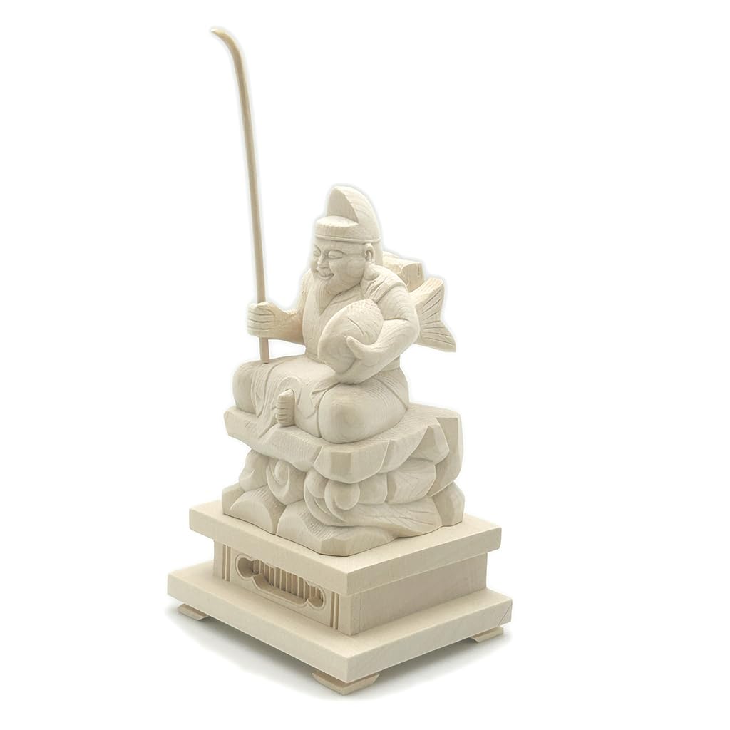 HU Trading Ebisu Ten (total height 14cm, width 8.5cm, depth 7cm) Wood Carving Figurine Made of Hinoki Wood Ebisu Seven Lucky Gods b13730