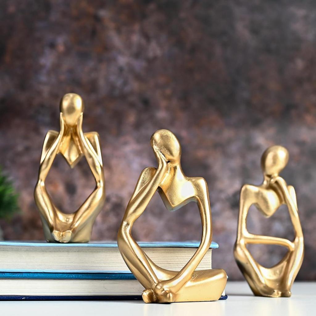 Set of 3 Gold Abstract Thinker Men Statue Set - Modern Art Showpieces for Home Decor, Living Room, Bedroom,Office