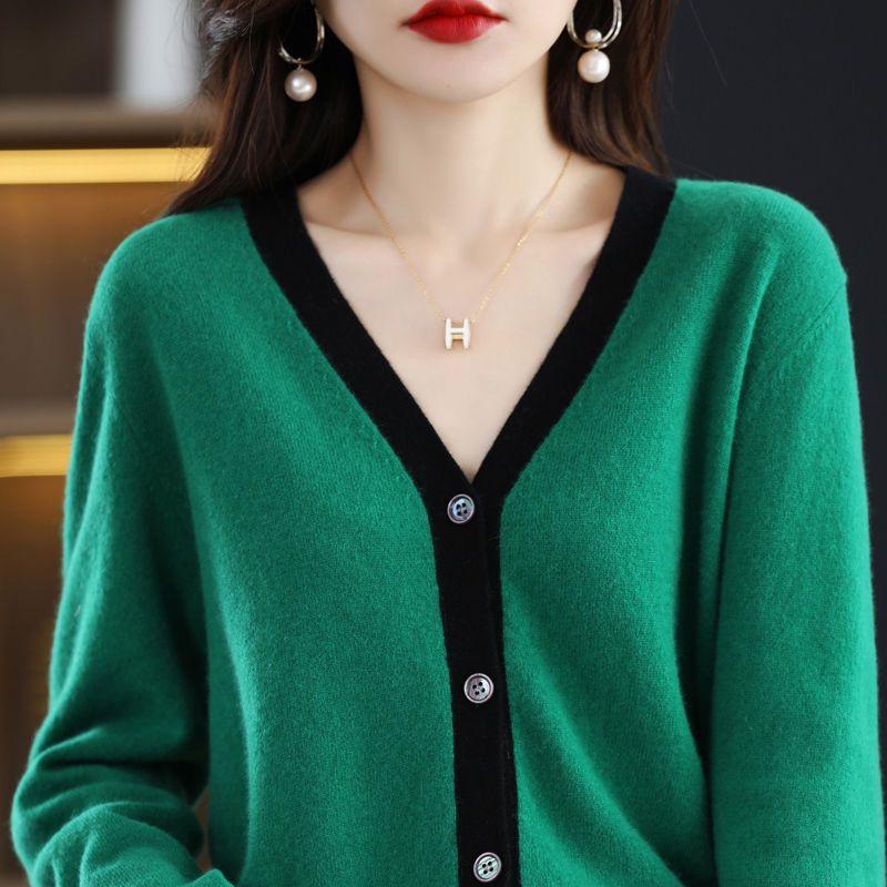 Кардиган-свитер, осенне-зимний женский контрастный вязаный кардиган, свободная вязаная рубашка с v-образным вырезом в западном стиле, свитер с длинными рукавами