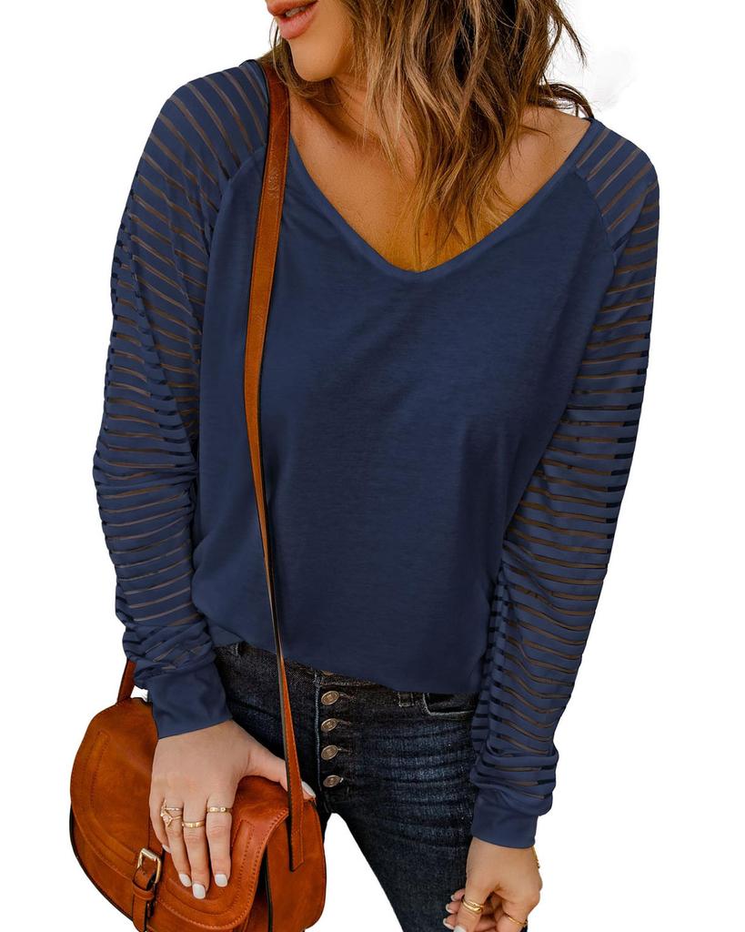 Azura Exchange Blue Sheer Stripe V-Neck Top