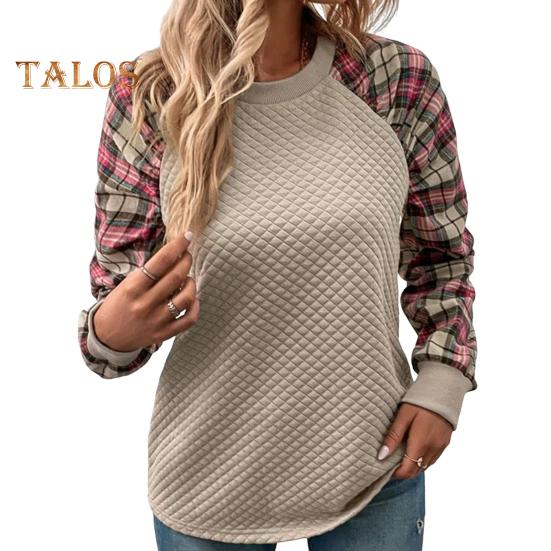 Женская толстовка осень-весна с принтом в клетку, с круглым вырезом, свободная, с длинными рукавами, с ромбовидной текстурой, повседневная одежда, спортивный топ