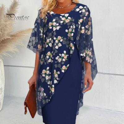Женское платье с цветочным принтом, поддельное двухсекционное платье нерегулярной формы с круглым вырезом, шифоновое лоскутное платье с половиной рукава, OL, официальное вечернее платье миди для выпускного вечера