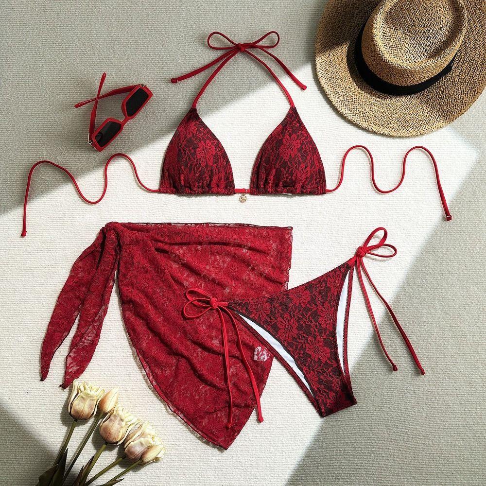 Cover Skirt Sexy Brazilian Bikini Set Mesh Swimsuits Beach Lace Bikinis Pool