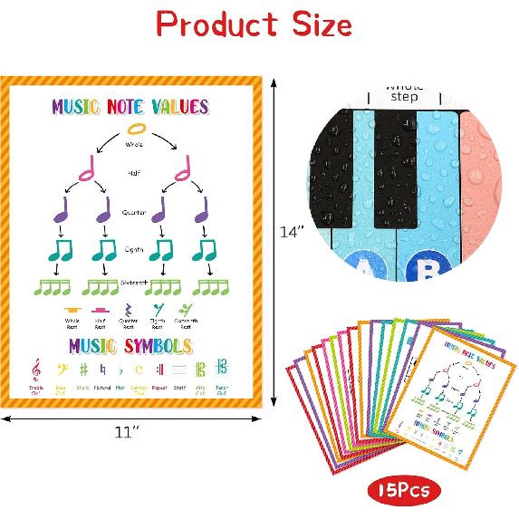 Ceiba Tree 15Pcs Music Theory Posters 11x14 inch Musical Bulletin Board Decorations Basic Notes Scales Chords Reference Poster for Teachers