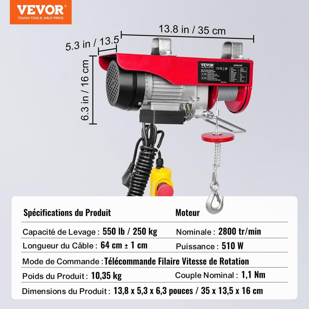 Electric Hoist, 550 lbs Lifting Capacity, 510W 220V Electric Steel Wire Winch with 14ft Wired Remote Control, 40ft Single Cable Lifting Height & Pure