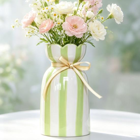 Hydroponic Plant Container Hand-Painted Ceramic Vase, Minimalist Striped Floral Vase for Fresh Indoor Display Vessel Flowers, Pot Desk Window