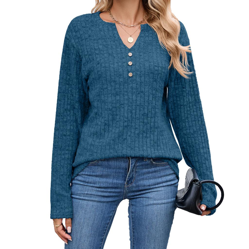 New Autumn and Winter V-neck Button Loose Long-sleeved Strip Stretch Solid Color T-shirt Top for Women