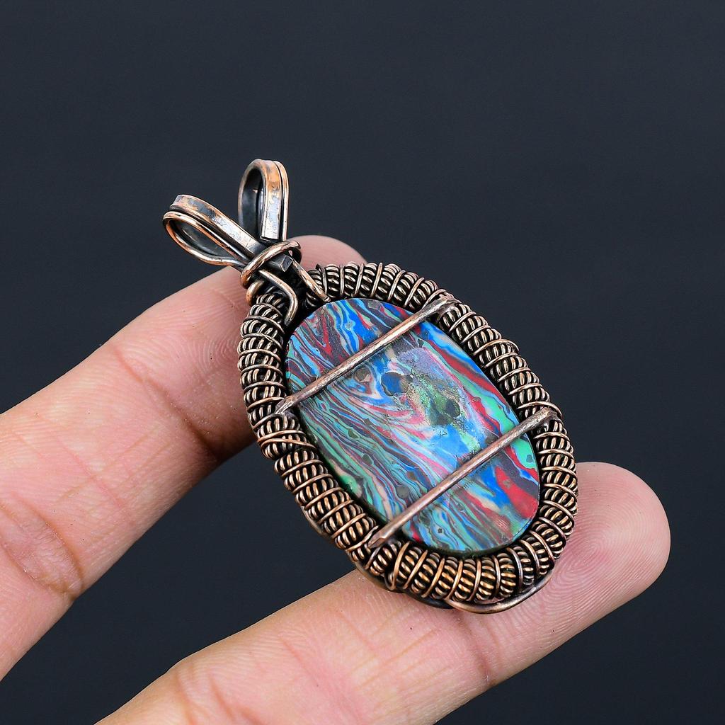 Радужный драгоценный камень Калсилика Чистая медная проволока обернутая подвеска ювелирных изделий ручной работы для подарка