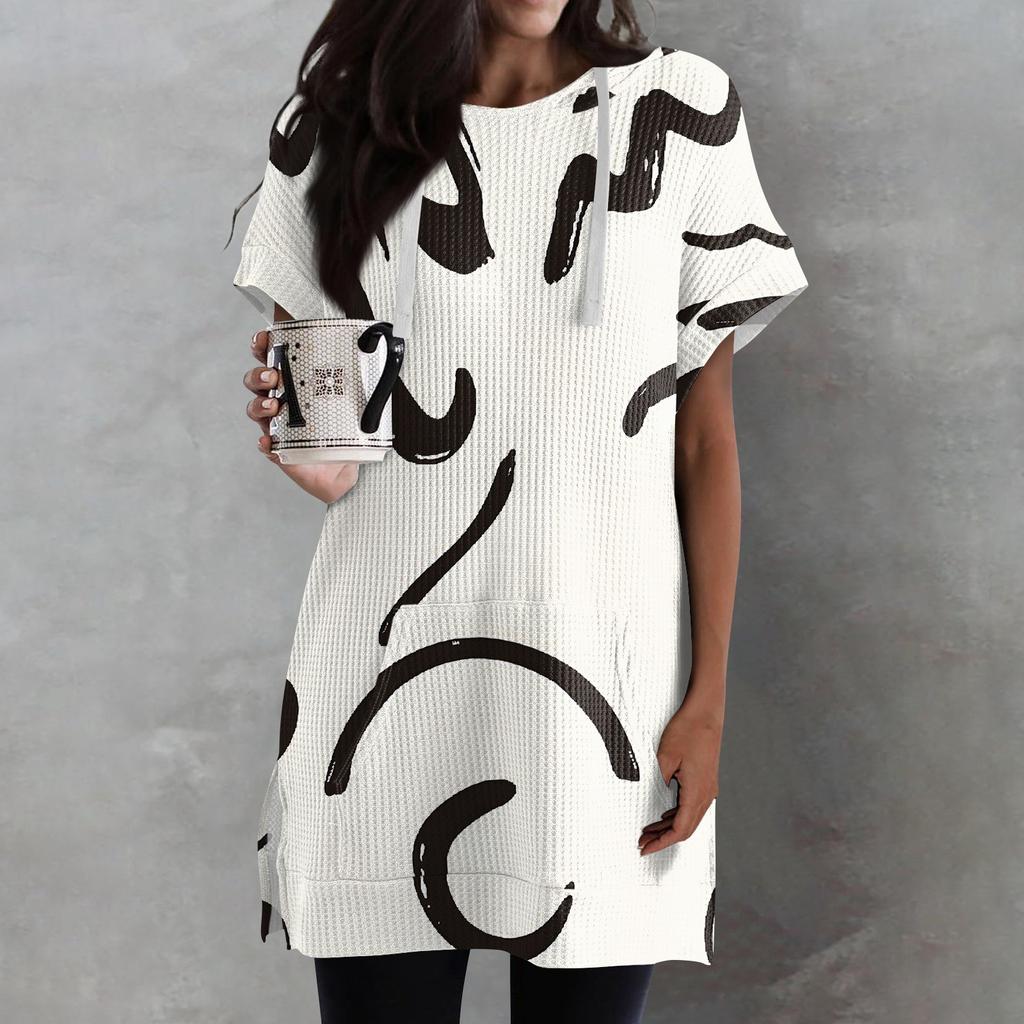 Женские свободные рубашки с принтом, толстовки с короткими рукавами и шнурком, вязаная туника с боковыми разрезами, топы с капюшоном и карманом