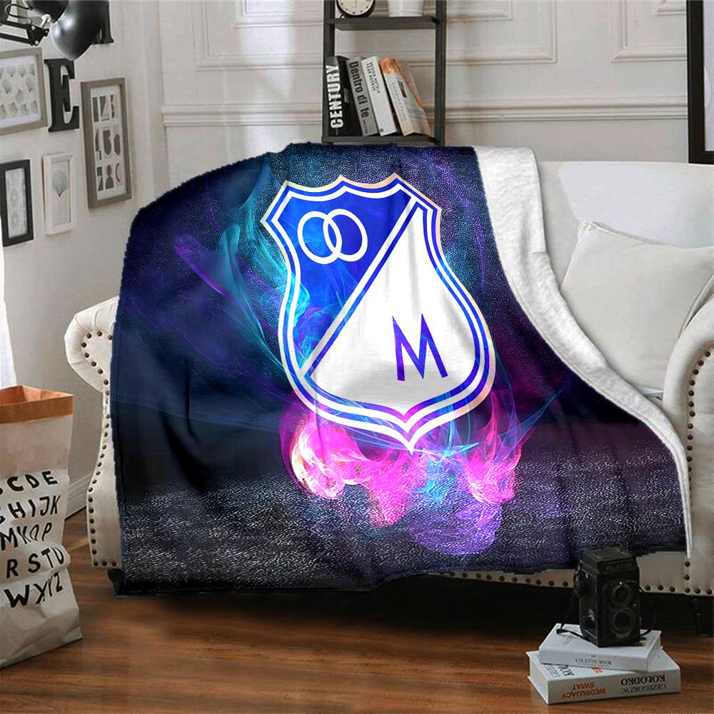 Blue And White Shield Millonarios Flannel Blanket, Soft Polyester, Modern Design, All-Season for Camping, Travel, Gifts for holidays or birthdays