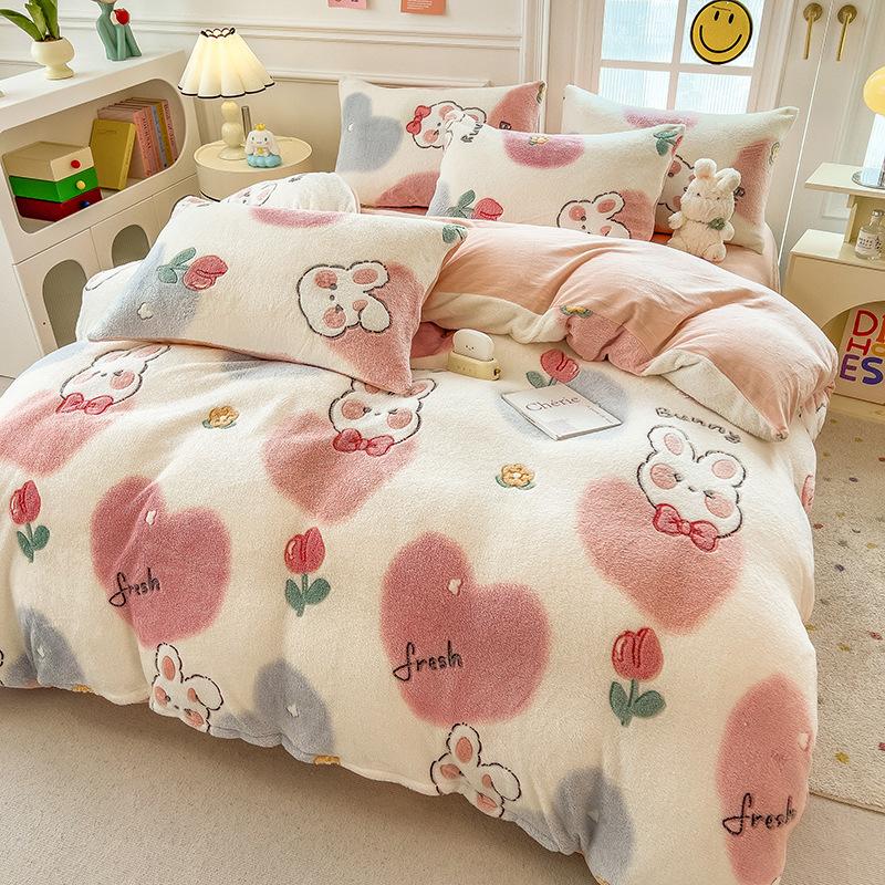 Зимний комплект постельного белья из молочного флиса, четырехпредметный, двусторонний флис, утолщенные простыни, пододеяльник, наволочка