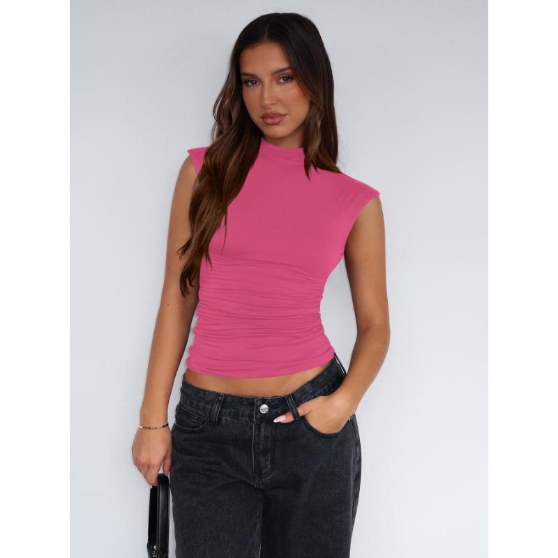 Женский летний однотонный плиссированный тонкий топ без рукавов с полувысоким воротом и простым комфортом