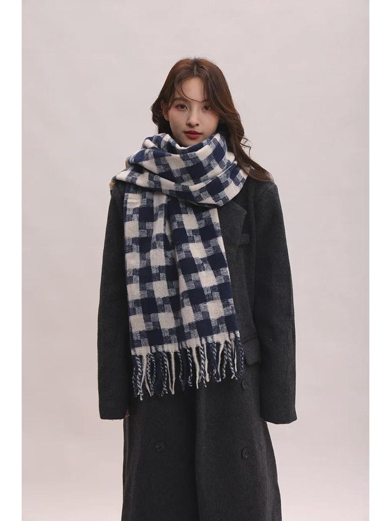 Женский толстый клетчатый шарф 2024 года: Корейский стиль, британская элегантность, теплая шаль для осени и зимы