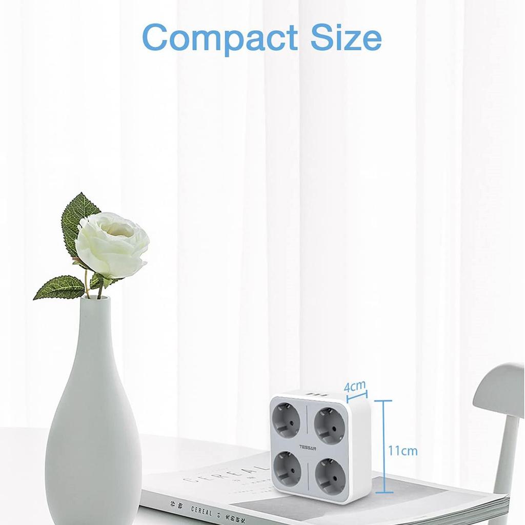 Tessan Дорожный адаптер с европейской вилкой, настенная USB-розетка с переключателем включения/выключения, 4 розетки европейского стандарта, 3 порта USB, зарядное устройство 7 в 1 для дома