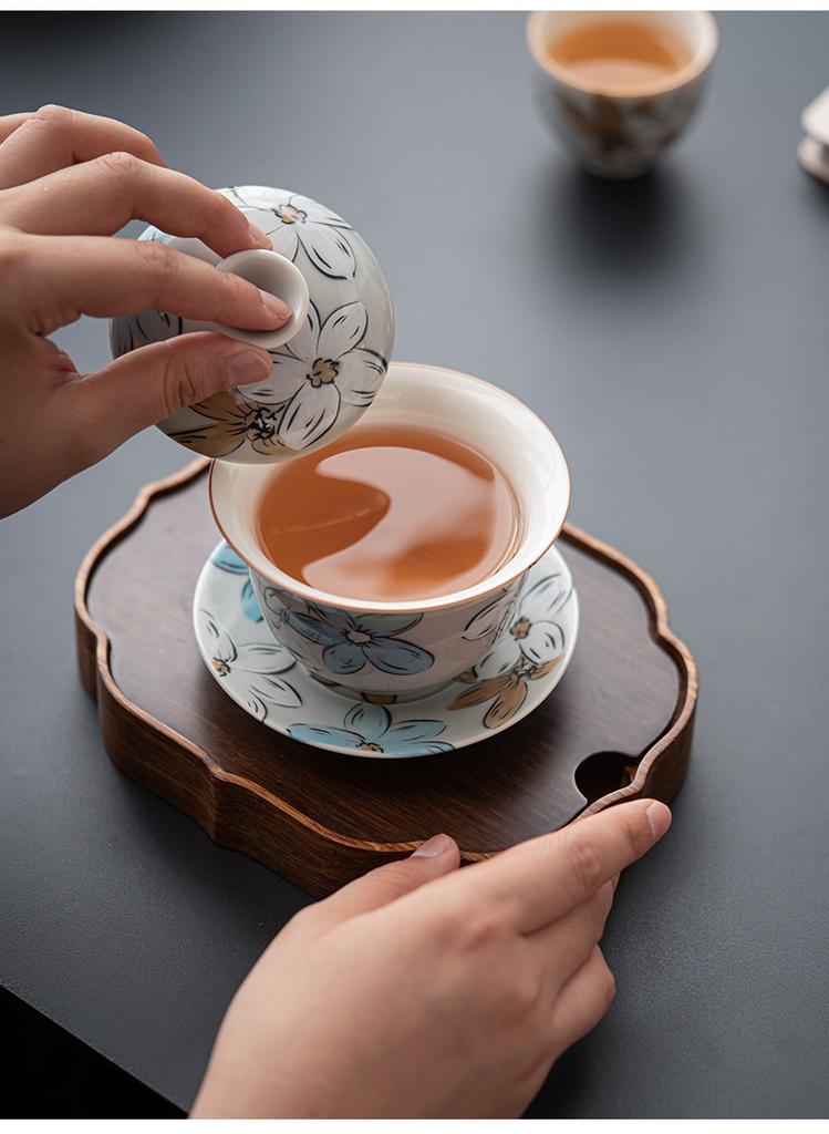 Супница с подглазурным покрытием цвета ледяной серый, трехцветная, с ручной росписью в виде цветов, Чайная чаша с изображением японской сакуры, Керамическая гайвань, Китайская посуда для кунг-фу