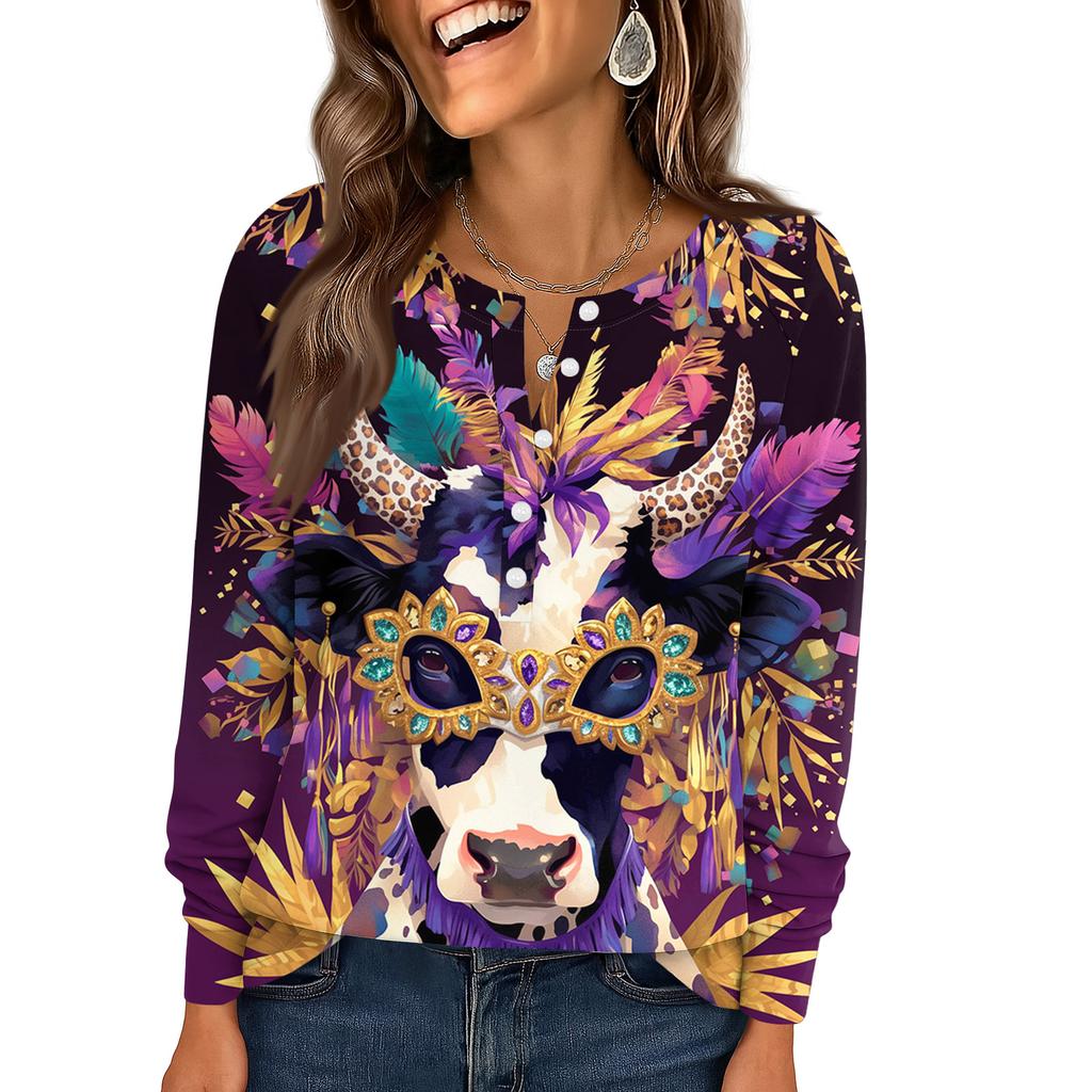 Женская модная свободная повседневная блузка с длинным рукавом и карнавальным принтом