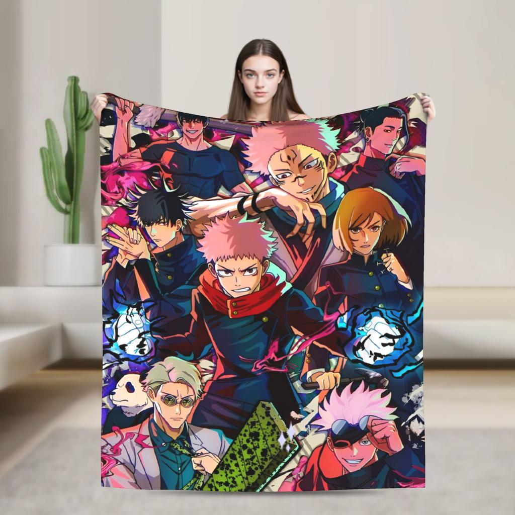 Jujutsu Kaisen Годжо Сатору Фланелевые Пледы Аниме Крутые для Покрывал Вязаный Плед Путешествия Легкий Многофункциональный