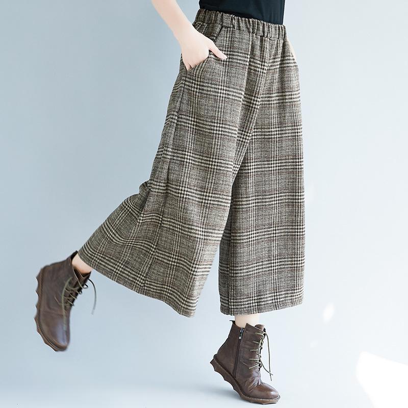 Wide Leg Loose Plaid Women Pants Elastic Waist Calf-Length 2024 New Casual Office Lady Women Pants