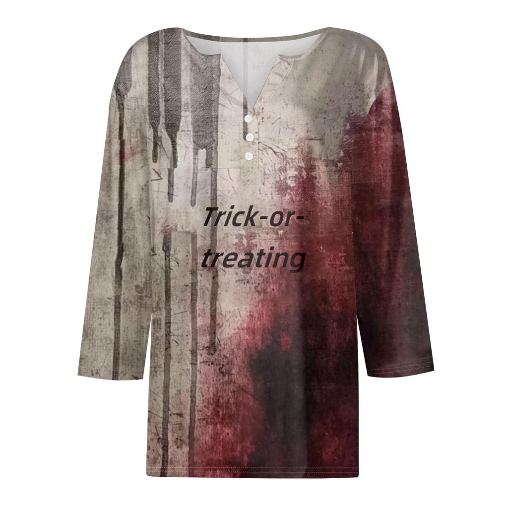 Женская модная повседневная футболка с принтом на Хэллоуин, V-образным вырезом, короткими рукавами, декоративными пуговицами и рукавами три четверти