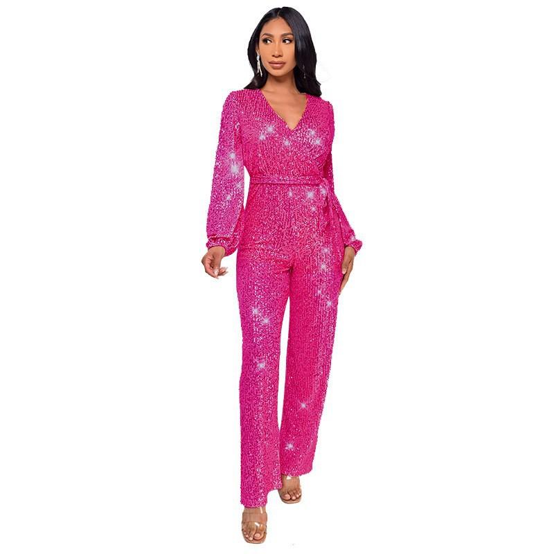 Sparkly Jumpsuits For Women Dressy Formal Plus Size Long Sleeve Sequin Party Rompers Sexy V Neck Wide Leg Pants Suit