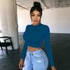 2026 Fashionable Solid Color Short Slim Fit Cropped Long Sleeve T-Shirt for Women with Round Neck